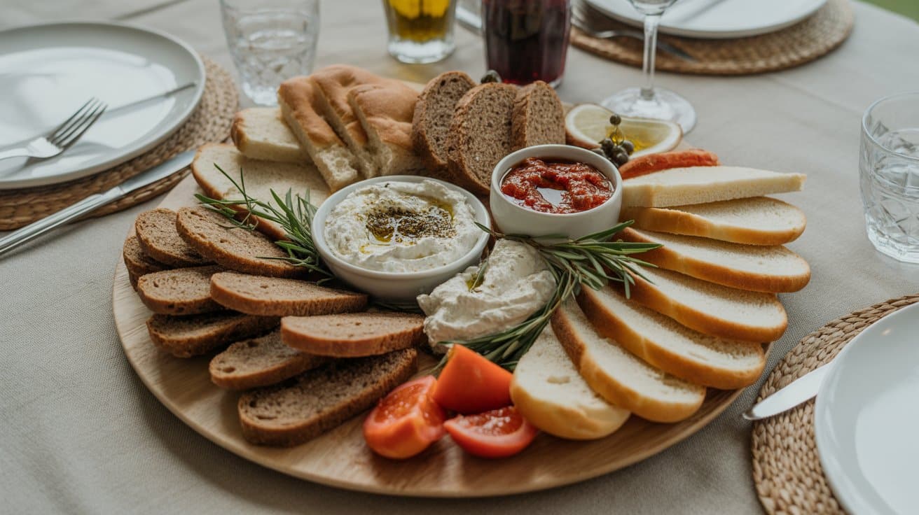 Assorted Mediterranean breads served with creamy yogurt dip, red pepper spread, olives, fresh herbs, and sliced tomatoes on a wooden platter.