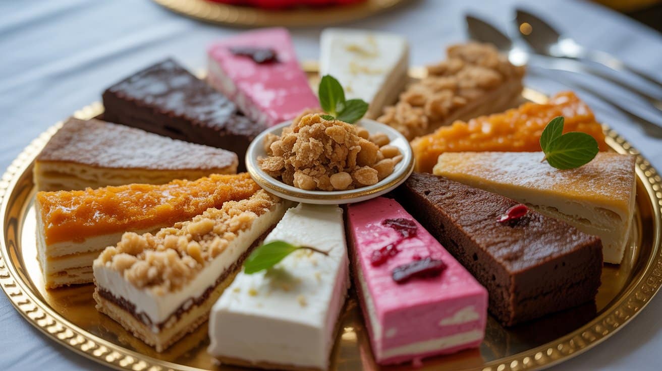Assorted traditional Mediterranean desserts, including layered cakes, nut pastries, chocolate slices, and fruit-flavored bars, arranged on a decorative serving tray.