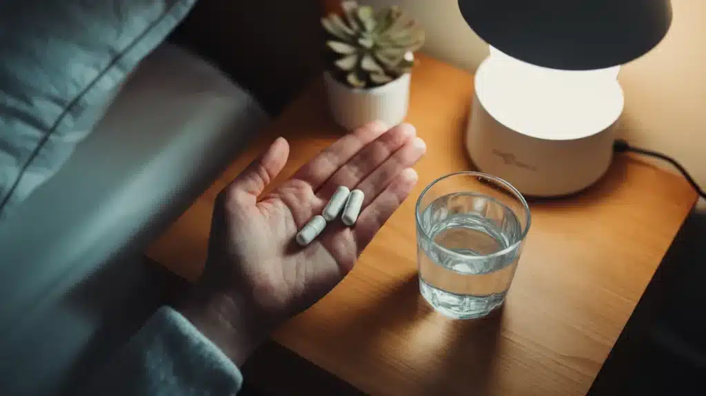 magnesium supplement capsules on bedside table before sleep