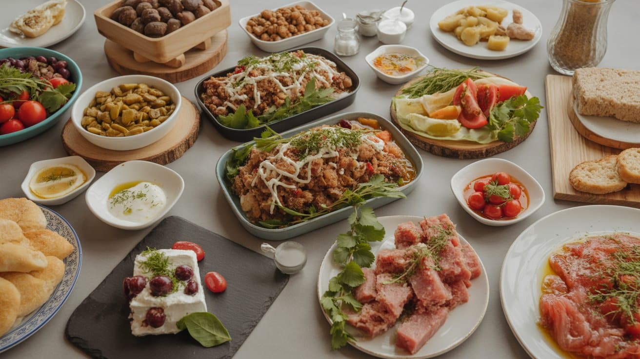 Mediterranean food spread featuring grilled meats, fresh salads, olives, feta cheese, bread, yogurt dips, cherry tomatoes, and herbs arranged on a dining table.