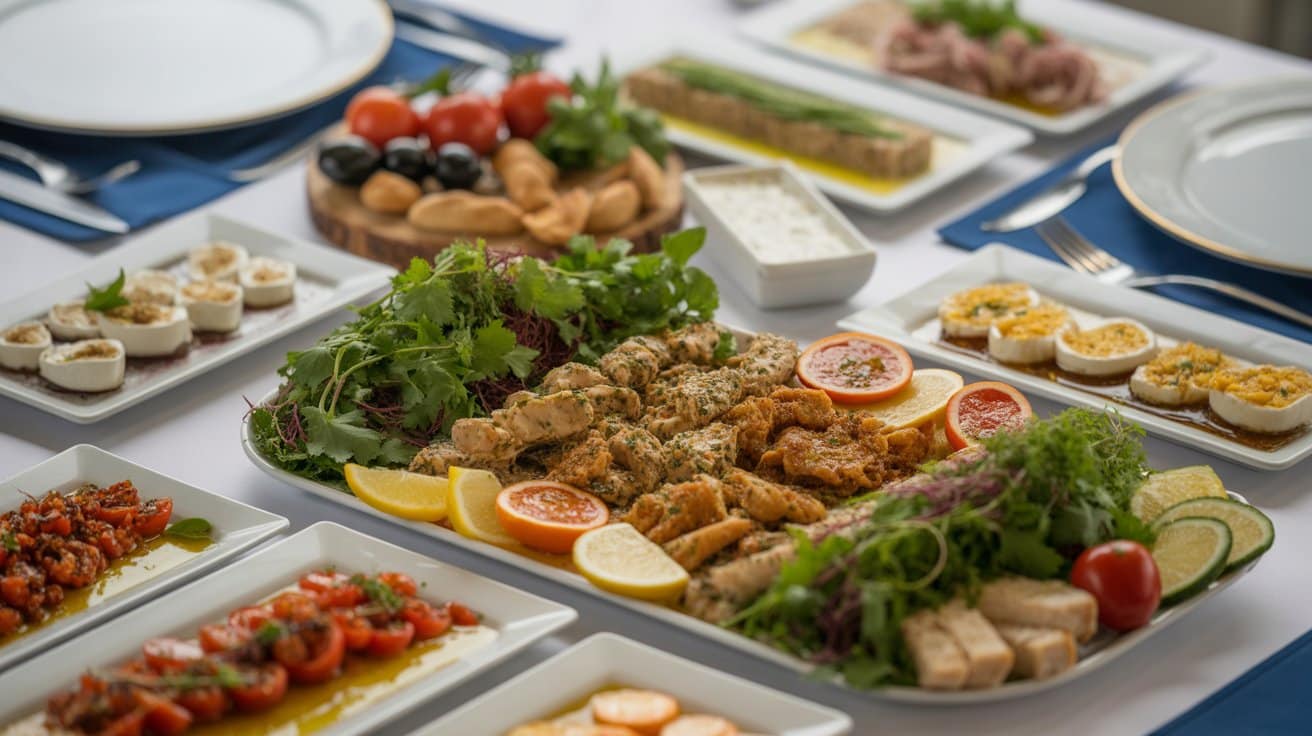 Mediterranean salads and mezze plates featuring grilled chicken, fresh herbs, sliced citrus, stuffed appetizers, cherry tomatoes, olives, and assorted small dishes arranged on a dining table.