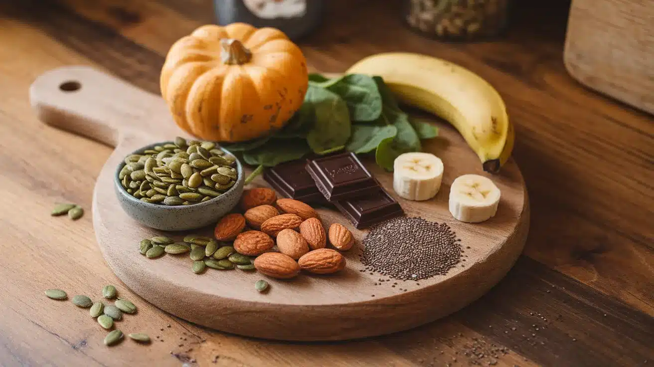 magnesium rich foods for sleep, including pumpkin seeds, spinach, almonds, dark chocolate, and banana