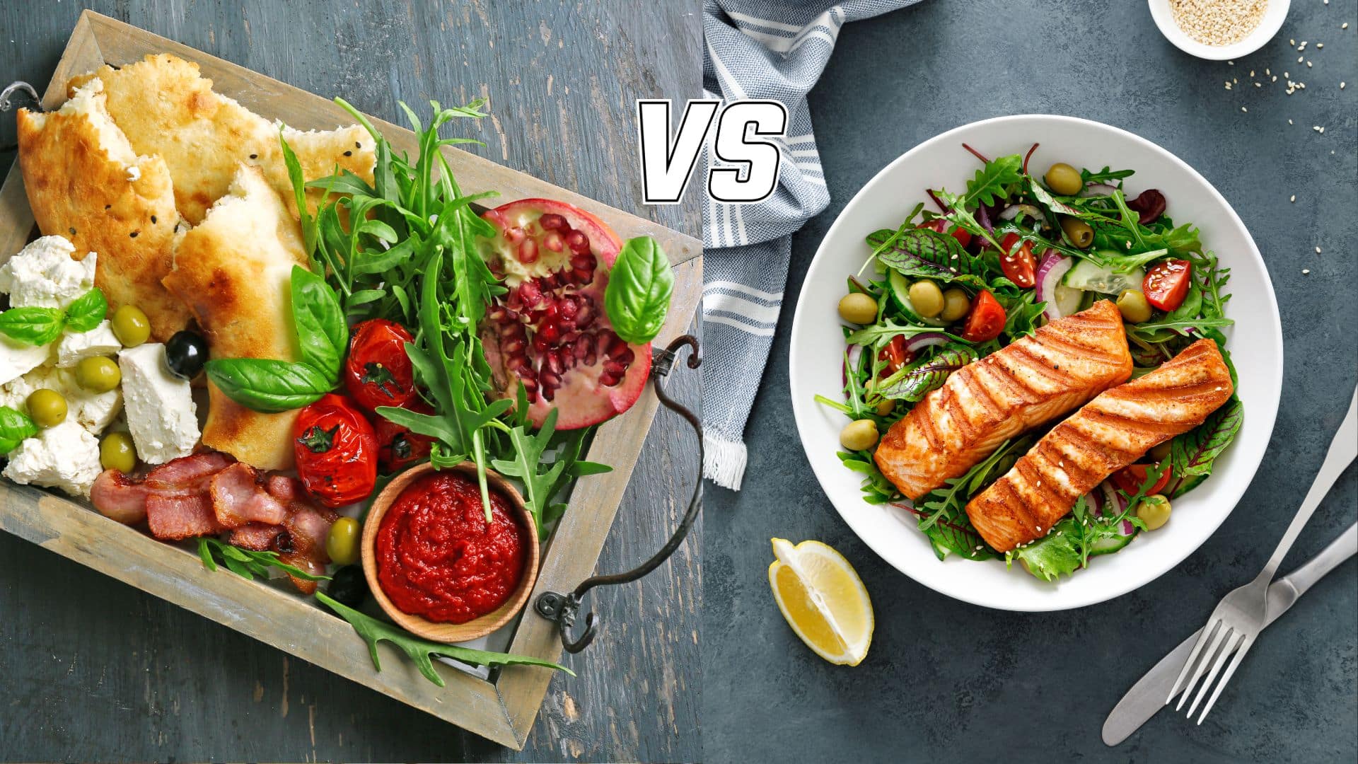 Side-by-side comparison of Mediterranean cuisine & Mediterranean diet, showing a platter with bread, cheese, & dips and a grilled salmon salad.