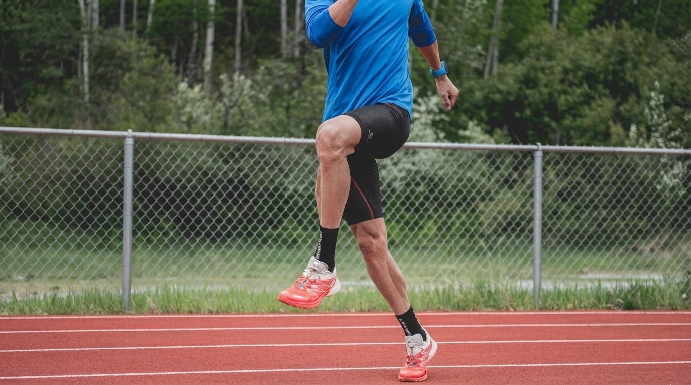 Want to run faster? Learn how A skips and B skips fix your sprint form, activate key muscles, and boost your speed from day one. athlete-performing-high-knee-skip-drill-on-running-track