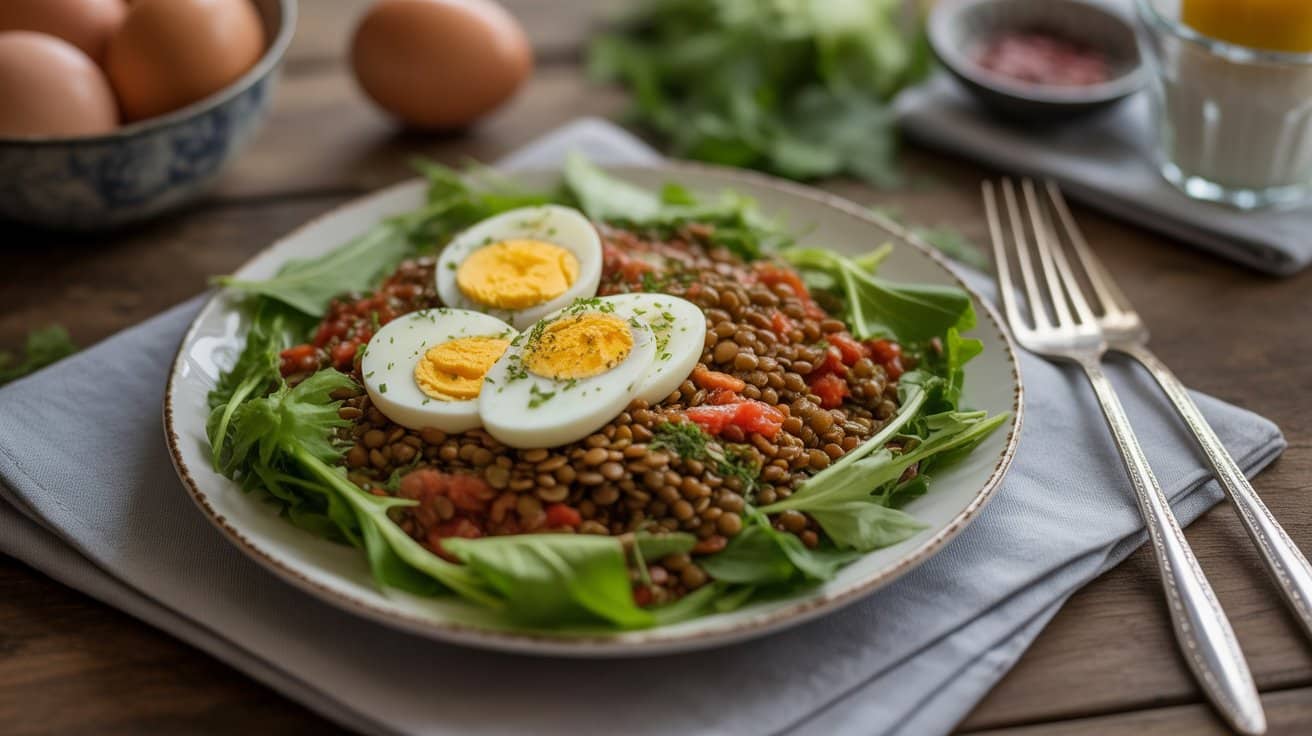 breakfast salad with lentils and eggs