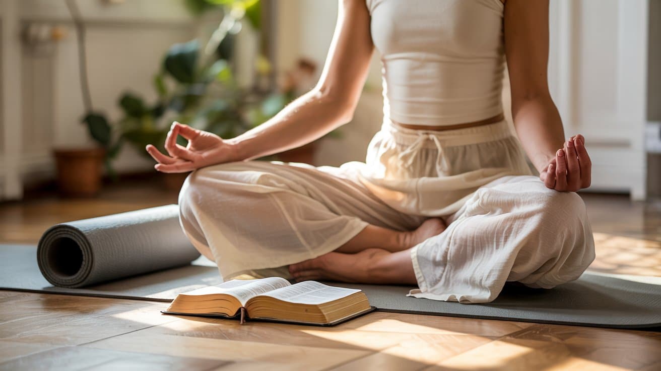 woman-meditating-on-yoga-mat-with-bible-nearby
