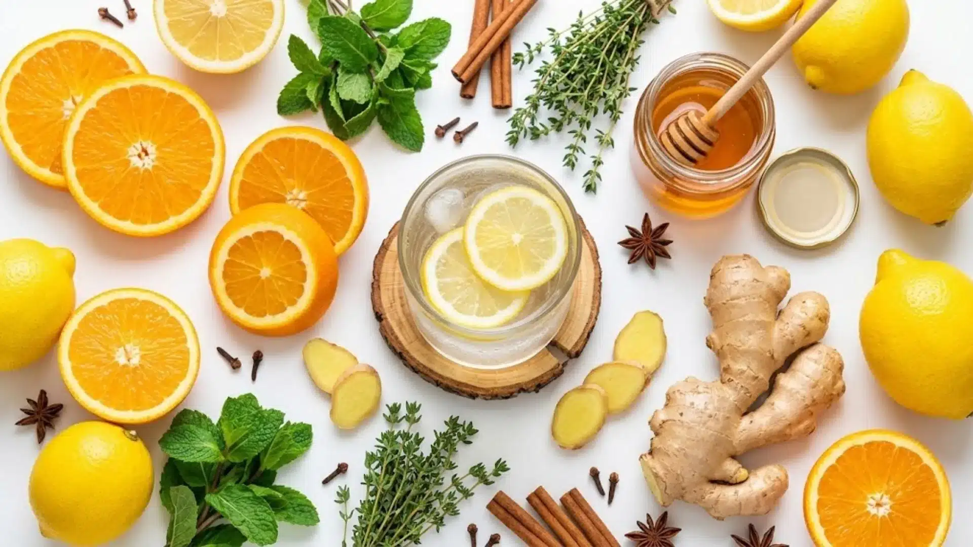 flat lay of lemon water ingredients with lemon ginger and spices
