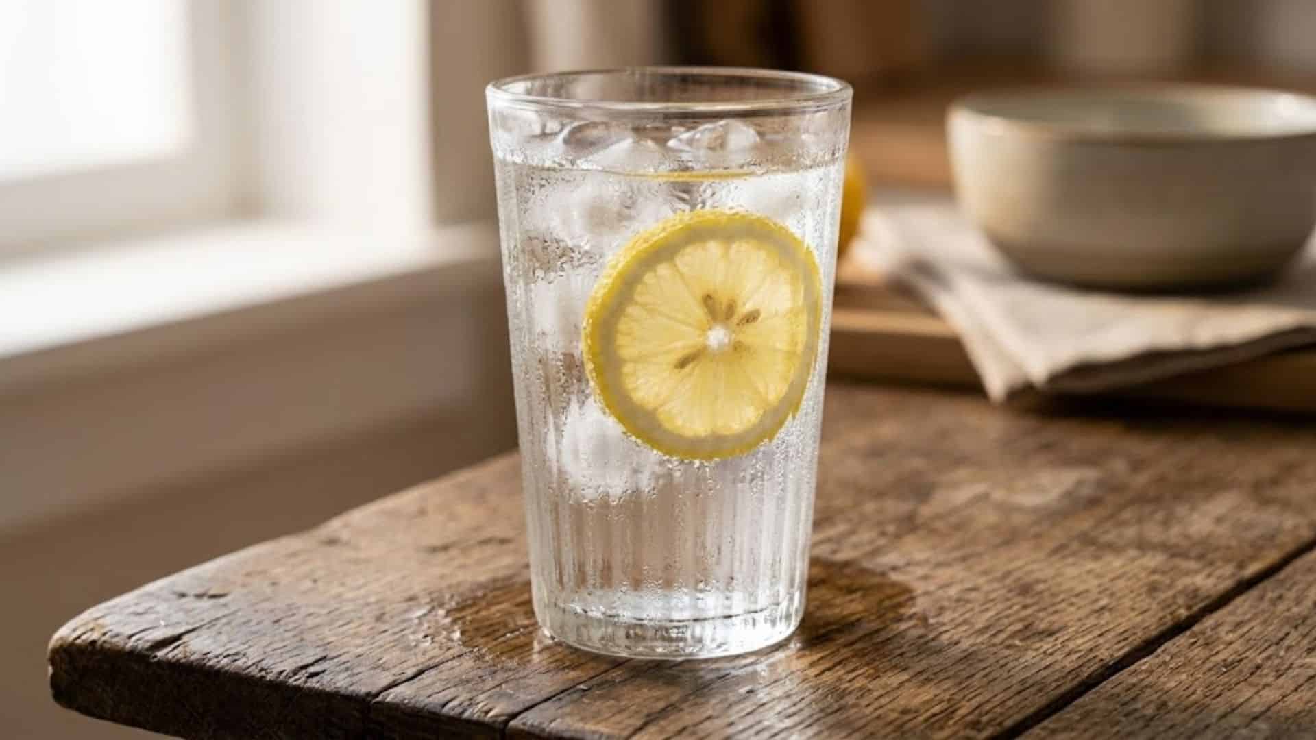 glass of lemon water on a wooden table