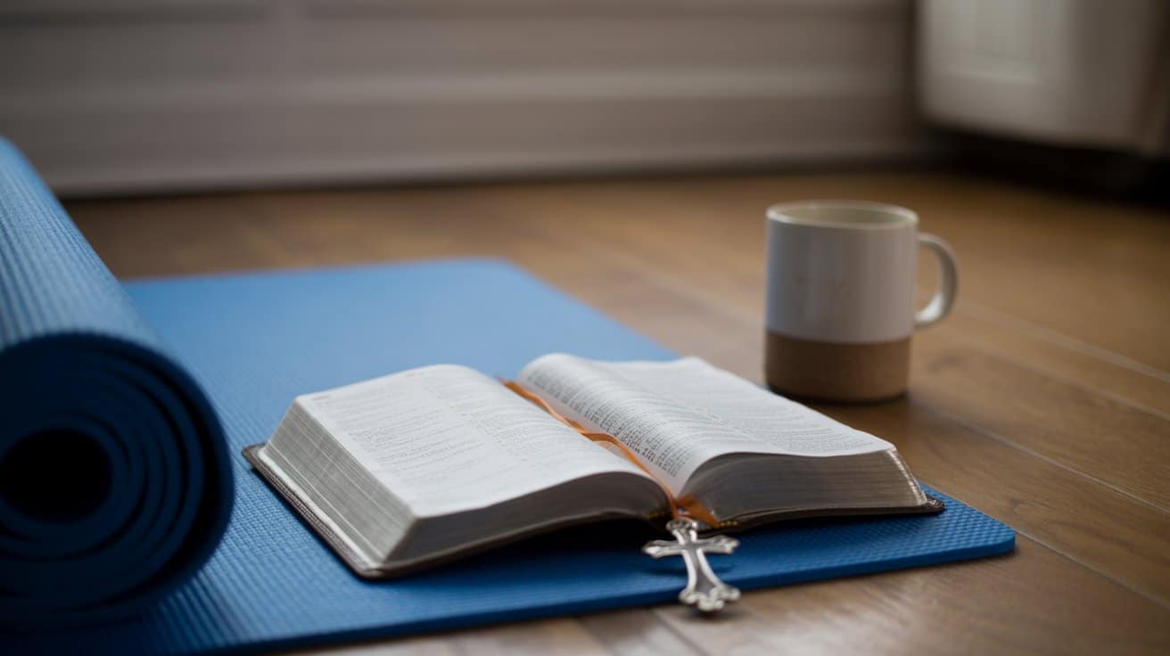 bible-with-cross-on-yoga-mat-beside-coffee-mug