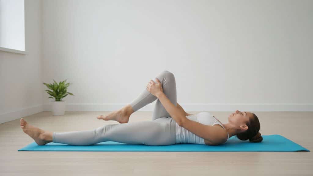 woman-doing-knee-to-chest-stretch-on-yoga-mat-for-lower-back-pain-relief