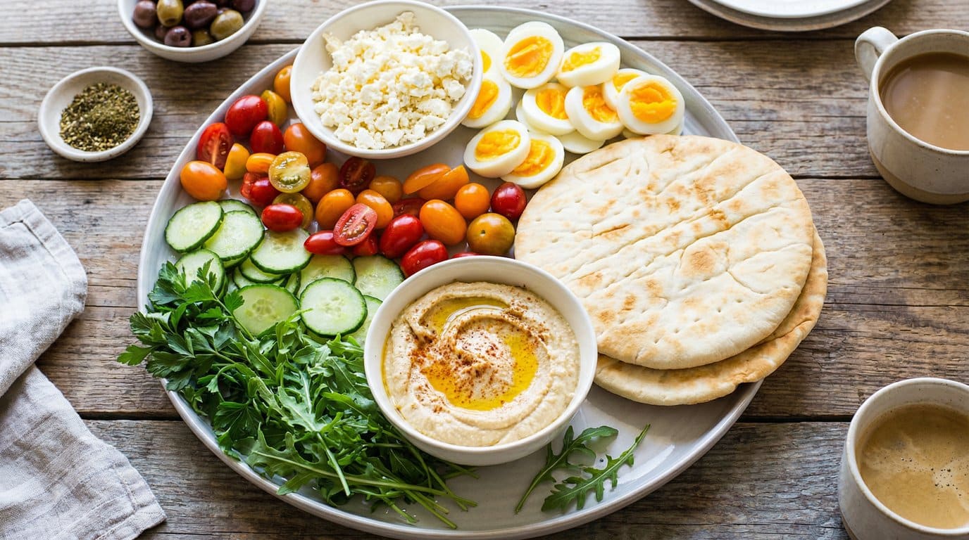 mediterranean breakfast plate with hummus