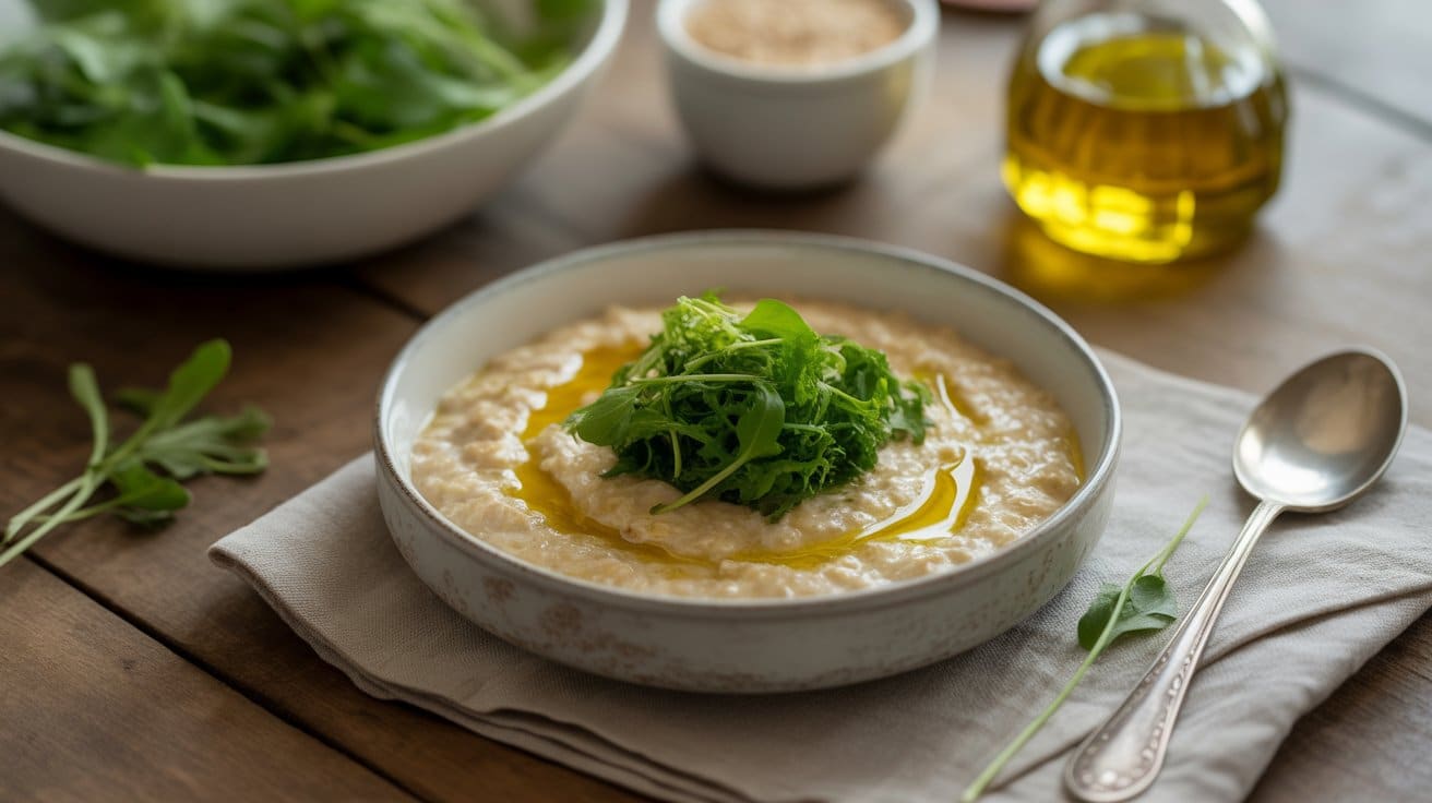 savory oatmeal with olive oil and greens