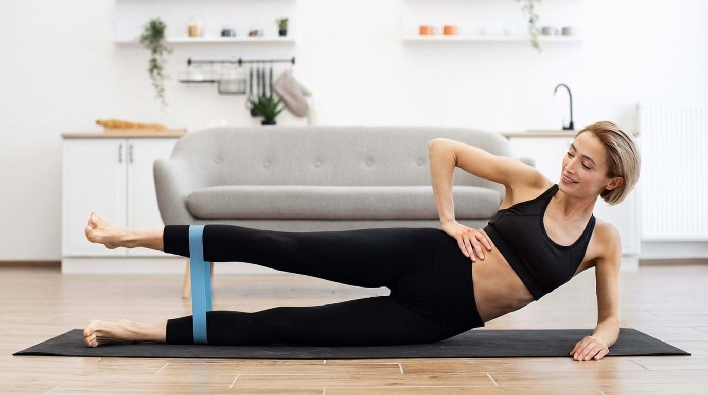 woman doing side lying hip abduction with a resistance band