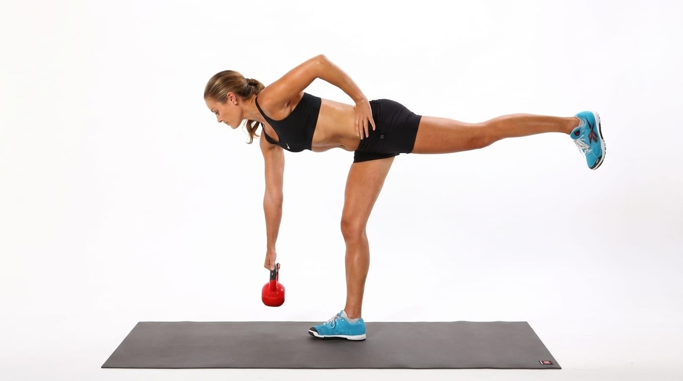 woman performing a single leg deadlift holding a kettlebell