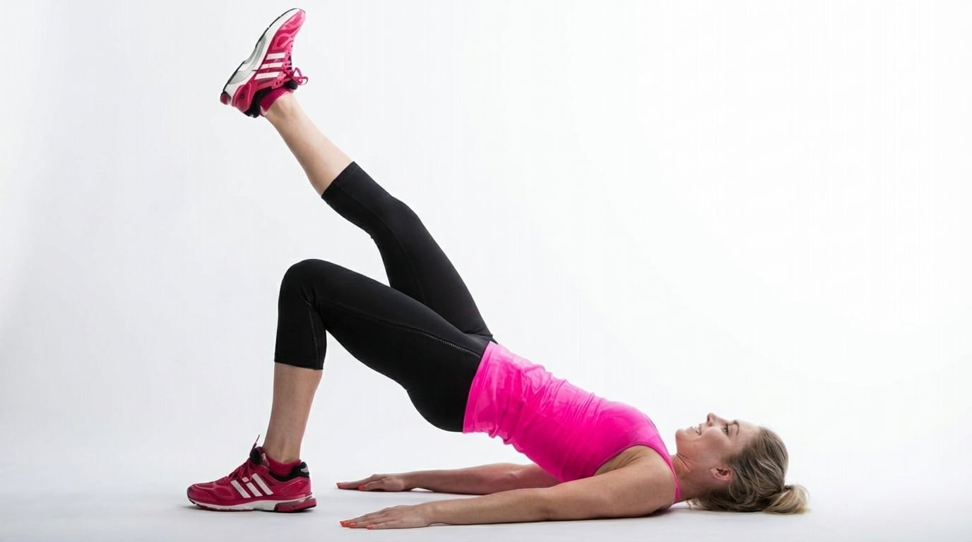woman performing a single leg glute bridge on a mat