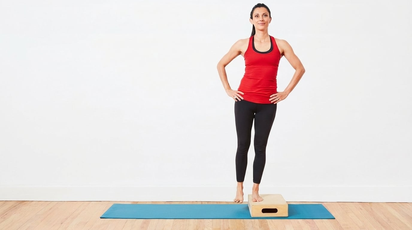 woman performing a standing hip drop exercise on a step platform